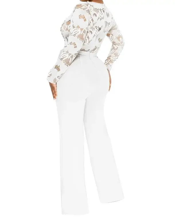 Elegant Jumpsuit Women 2023 Spring Fashion Sexy Lace Perspective V Neck Long Sleeve Casual Daily Long Wide Leg Jumpsuit