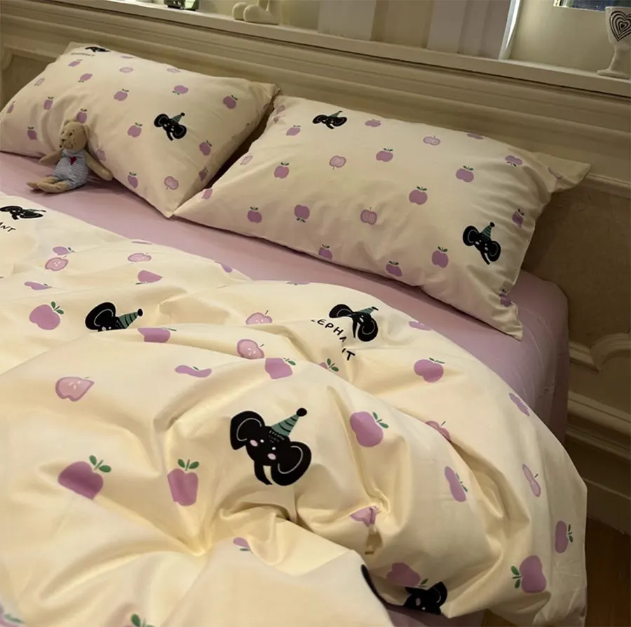 

Модный милый детский комплект постельного белья с изображением слона яблока фиолетового цвета, двойная двуспальная хлопковая домашняя текстильная простыня, подушка, пододеяльник