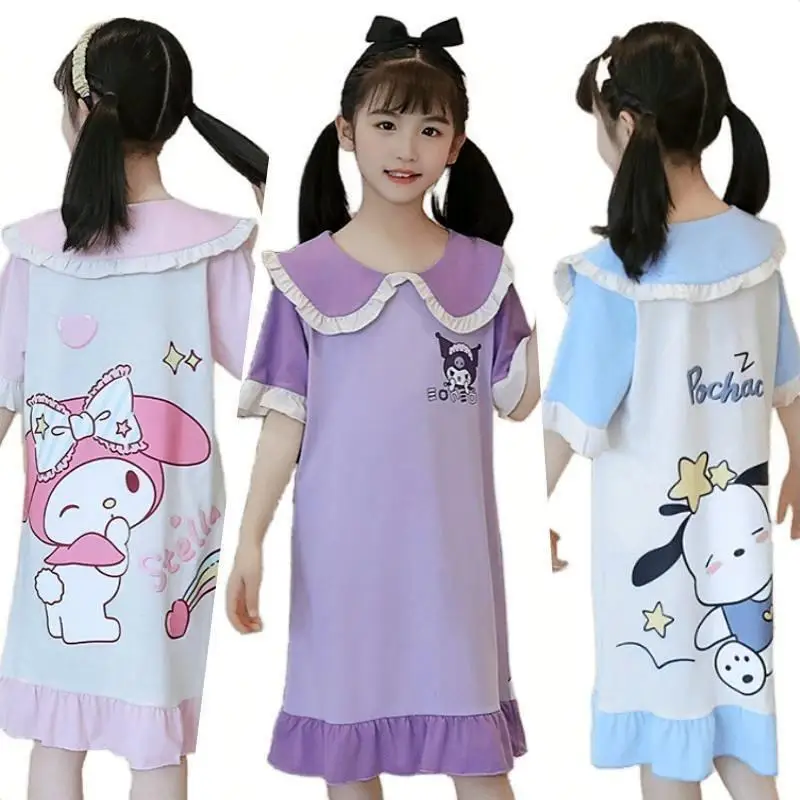 

Sanrios Kuromi Cinnamoroll моя мелодия полачко хлопковая с короткими рукавами с оборками детская Ночная рубашка свободное удобное платье для девочек пижама