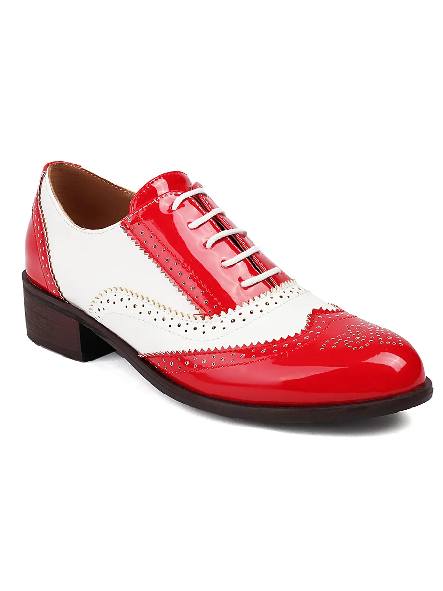 

Microfibre Women Retro Brogue Slip on Mixed Colors Chunky Heels Oxford Shoes Round Toe Splicing Shoes JinTrendy DL-X0419