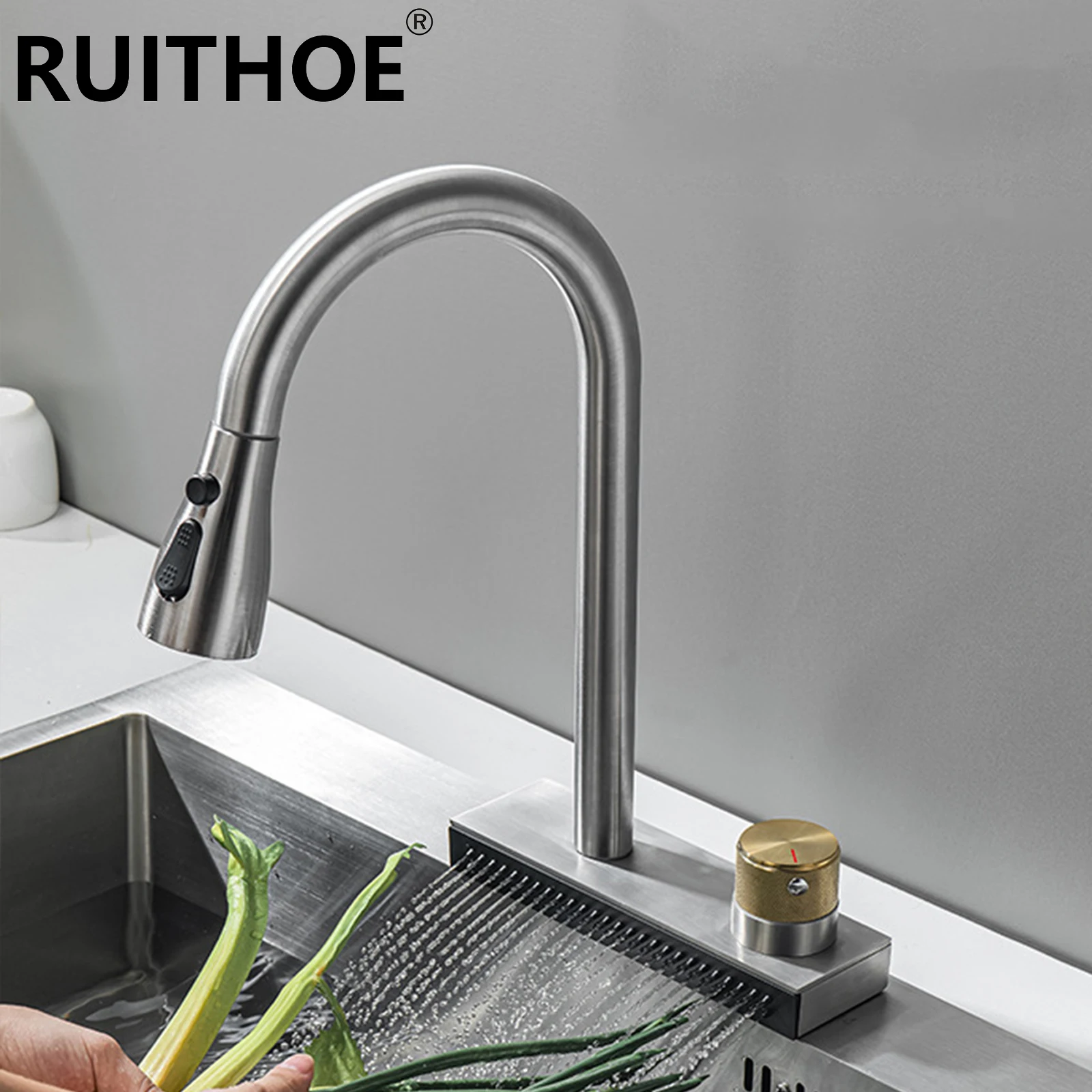 KitchenFaucetWithPullOutSprayerRainfallSinkSingleHoleDeck