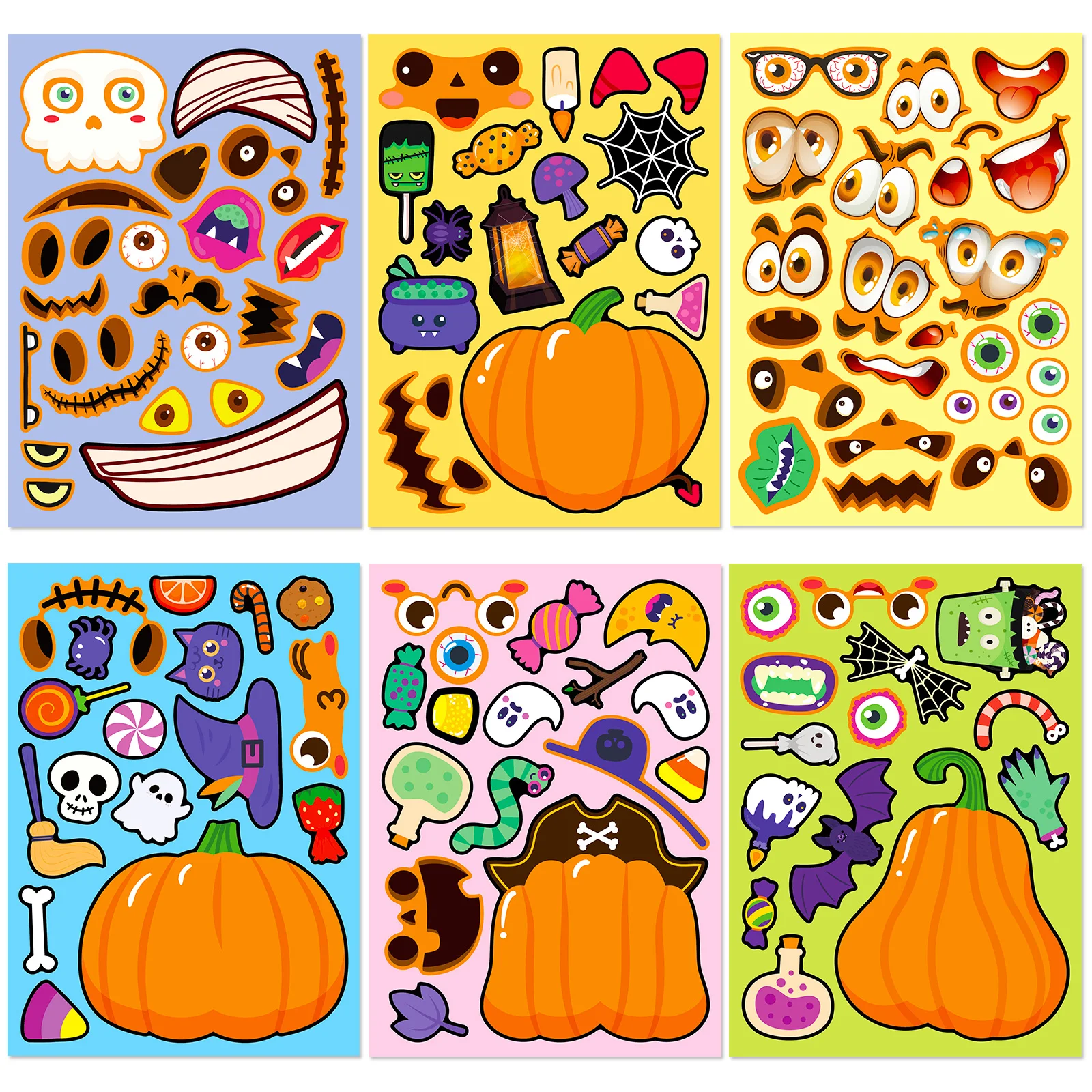 

6Sheets Make Your Own Halloween Pumpkin Face Stickers Mix and Match Sticker Different Facial Expression Kids Party Favor Decor