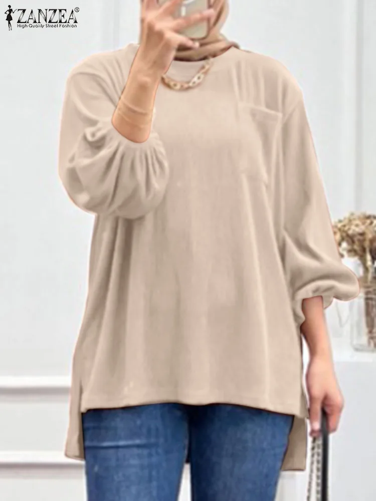 

ZANZEA Autumn Casual Loose Dubai Turkey Abaya Shirt Blouse Women Fashion O Neck Long Sleeve Muslim Tops Solid Pullover Blusas