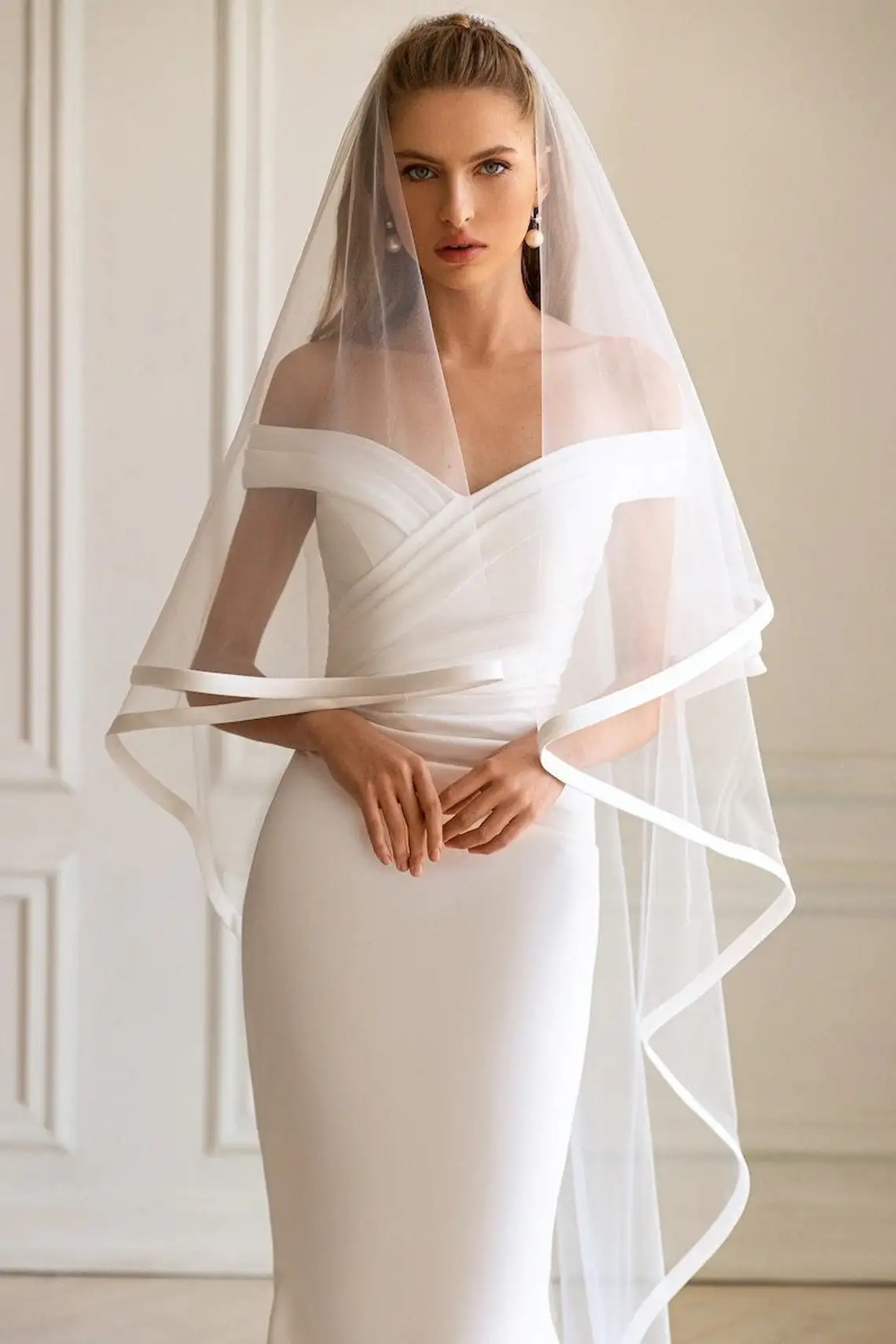 Satin Ribbon Wedding Veils 2025 Tea Length Two Layer with Comb Bridal Veil Party Bride Veils Women Hair Accessory bridal veil