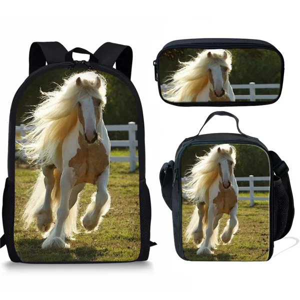 Popular Youthful Fire Crazy Horse 3D Print 3pcs/Set Student Travel bags Laptop Daypack Backpack Lunch Bag Pencil Case