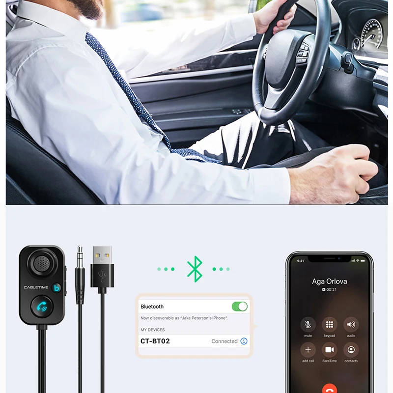 CABLETIME Bluetooth Receiver 5.1 AUX Audio 3.5mm Wireless Adapter for Hands-Free Car Amplifier Speaker Headphone C416