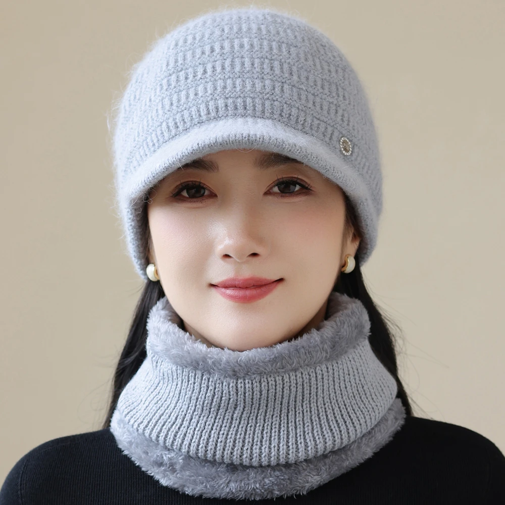 New Women Winter Hat Fashion Warm Set Plush Fur Lined Warm Hats For Female Casual Rabbit Fur Winter Outdoor Knitted Cap Suit