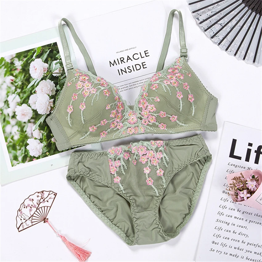 lace bra set New Embroidered Bra And Panty Set Floral Lace Cute Women Underwear Sexy Female Thin AB Cup Push Up Lingerie Suit Sweet Girls lace bra set