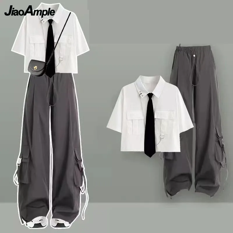 Women's 2024 Summer New Tracksuit Two Piece Suit Korean Elegant Short Sleeve Shirt Casual Wide Leg Cargo Pants Matching Set