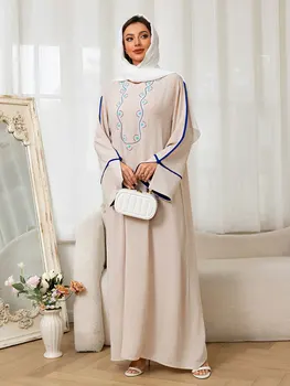 Beige Abaya Embroidered with Blue Patterns on Neckline Sleeves with Trim for Middle East Daily Wear Islamic Festivities Ramadan