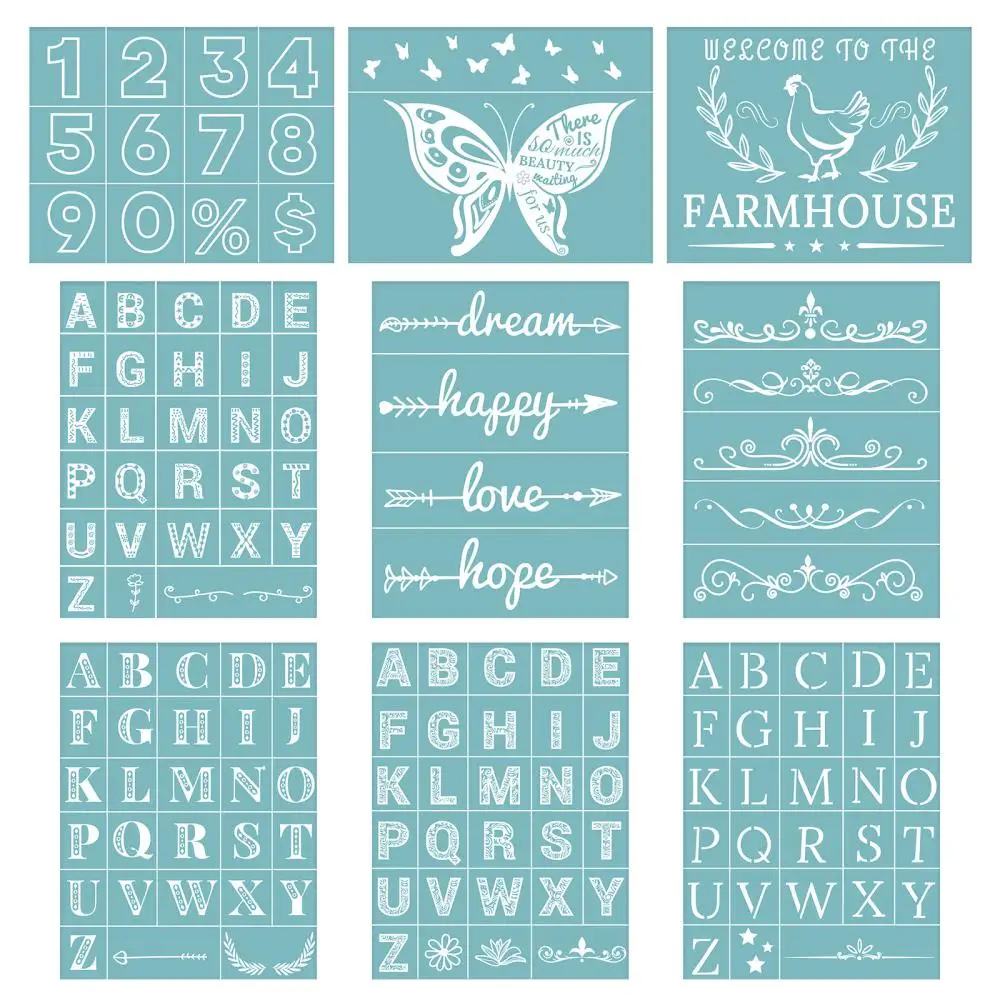 9PCS SelfAdhesive Silk Screen Printing Stencil Set Alphabet Theme