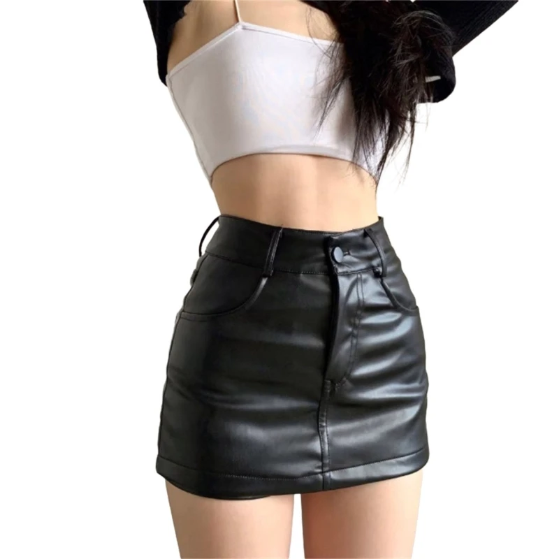 Fashionable Y2K Street Look Women High Waist Black PU Leather Mini Skirt Sexy