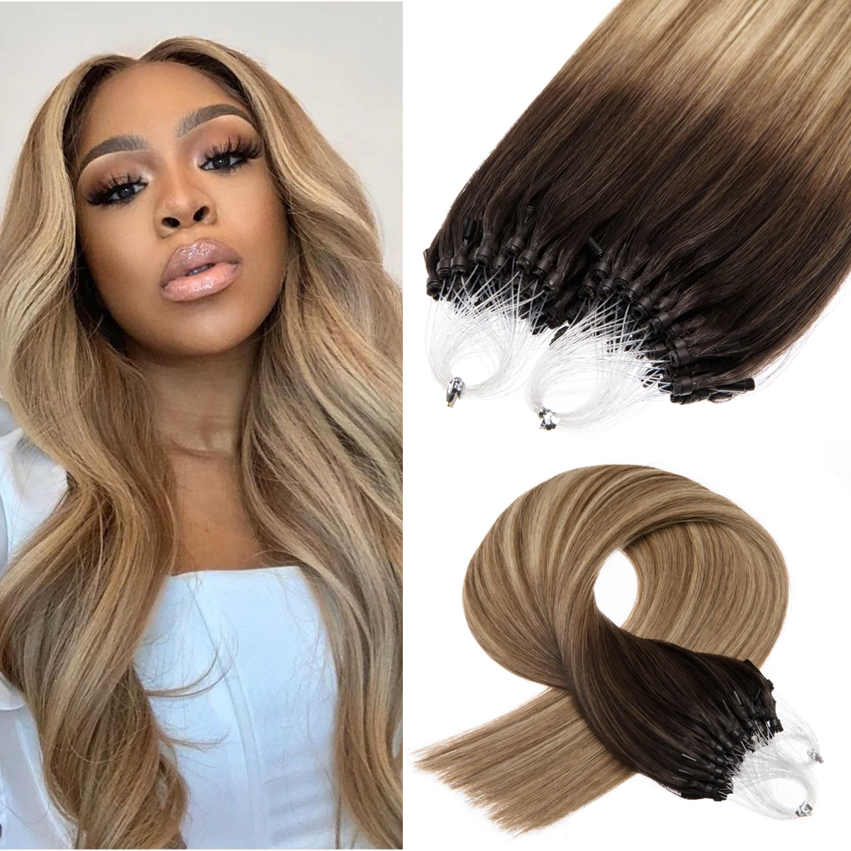 Micro Ring Highlights Hair Extensions 50g Micro Bead Human Hair #3/8/22 Brown Blonde Loop Human Extensions 1g/s