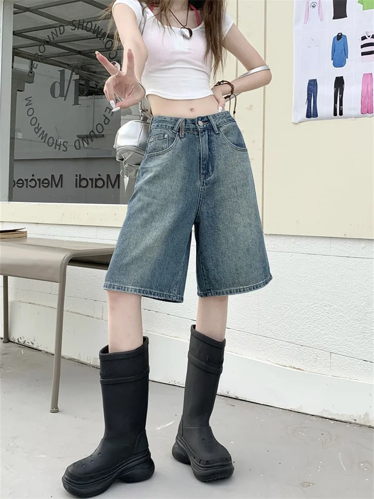 

Women's Gradient Blue Retro Denim Shorts Summer New Vintage Style Wide Leg Capris Female High Waist Knee-length Casual Pants