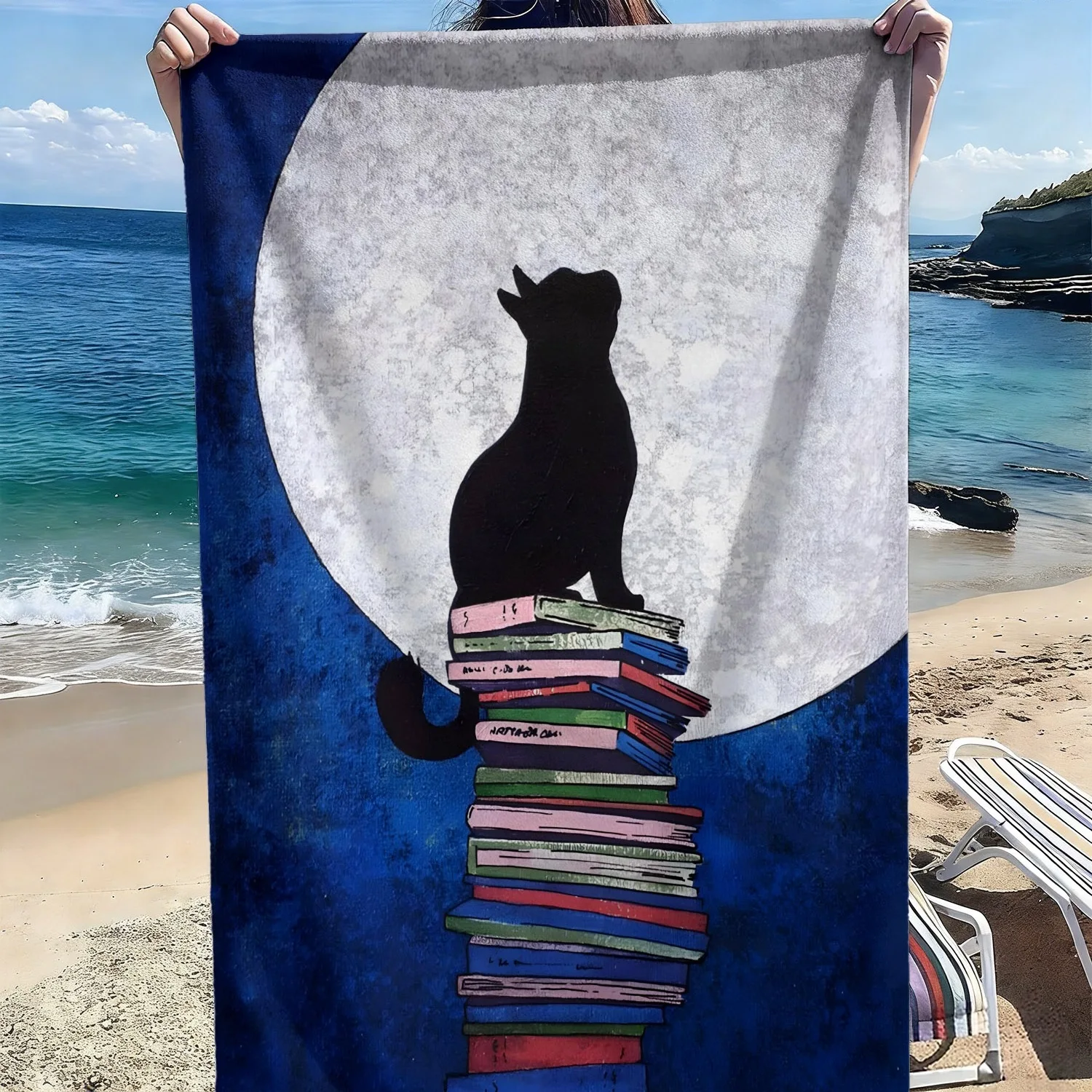 Strandlaken met kat boek en maan patroon absorberende microvezel_voghion.com