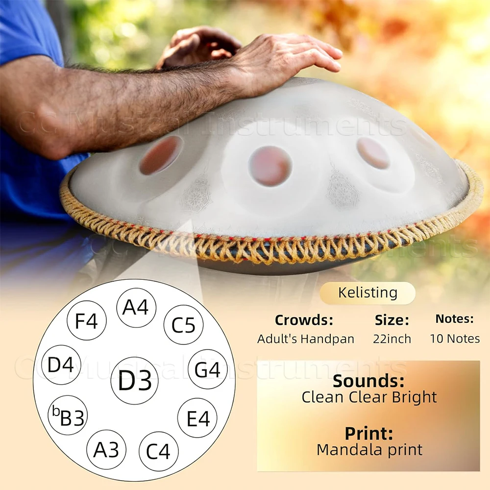 Handpan Drum with Steel Tongue for Yoga Meditation, Percussion Instruments, Music Drums, Gift, D Minor, 22 in, 440Hz