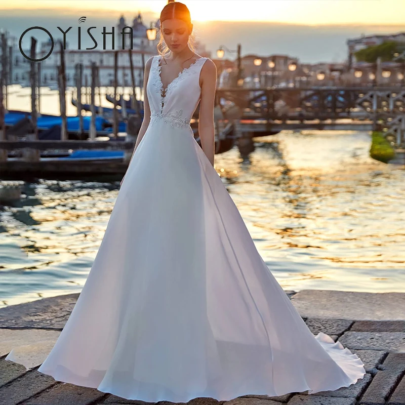 

OYISHA Elegant A-Line Wedding Dresses Deep V-Neck Lace Appliques Bridal Gown Illusion Backless Sleeveless Boho Vestidos De Noiva