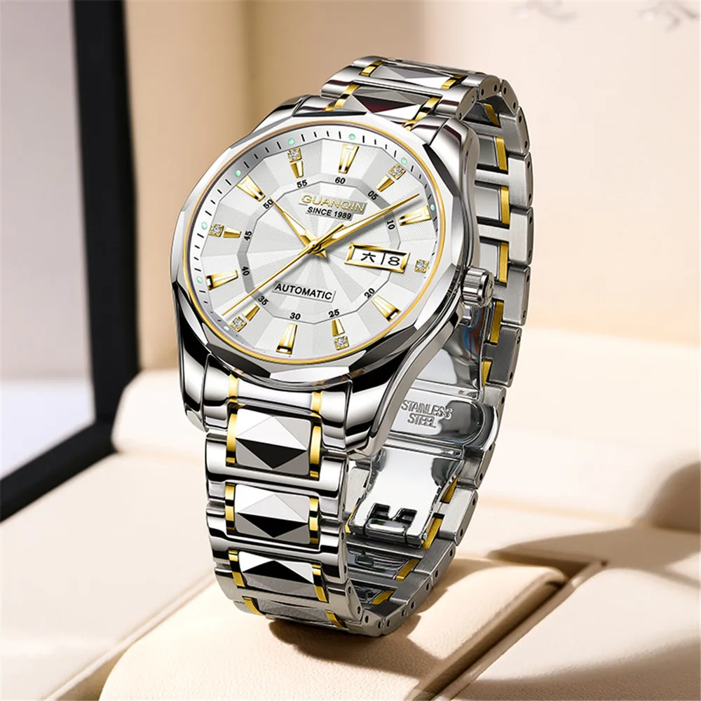 GUANQIN Automatic Mechanical Tungsten Steel Men Watch Waterproof Sapphire Crystal Clock Week Calendar Japan Movement Wristwatch_voghion.com
