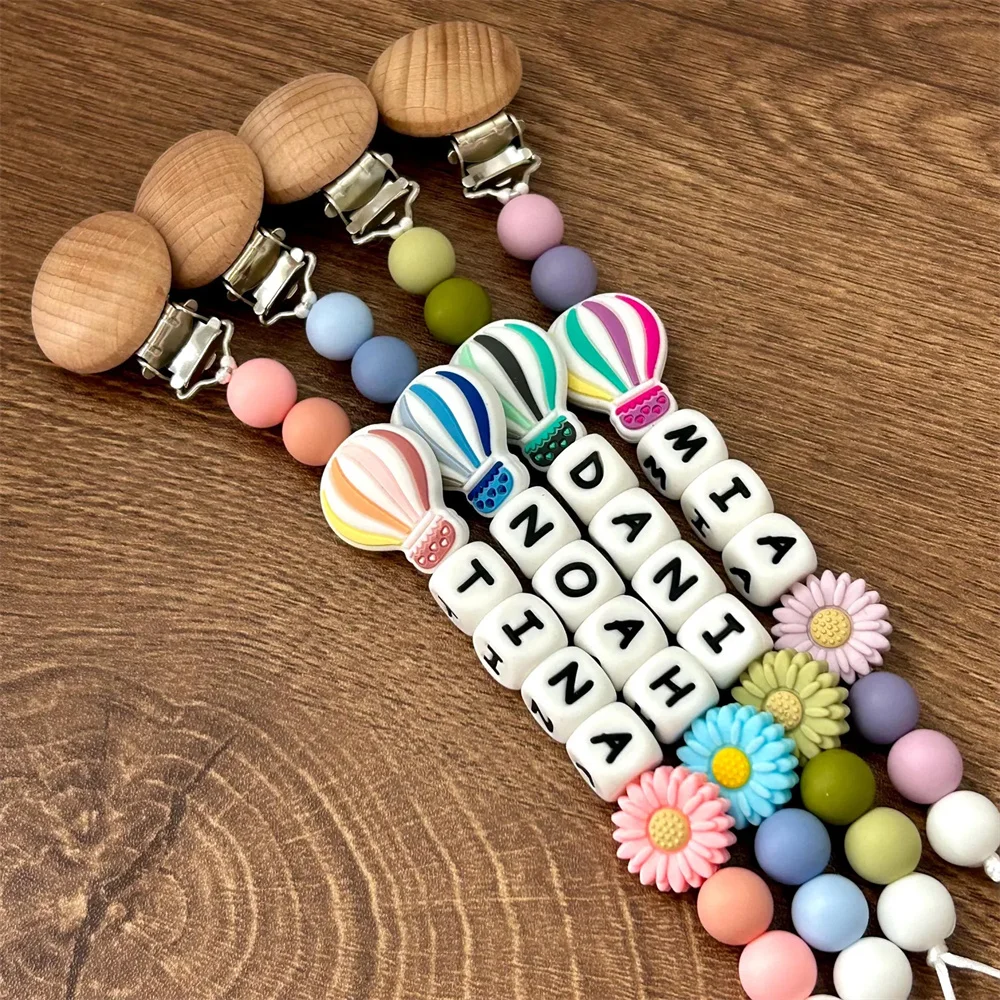 Custom Name Pacifier Chain – Adorable Hot Air Balloon & Flower Charms