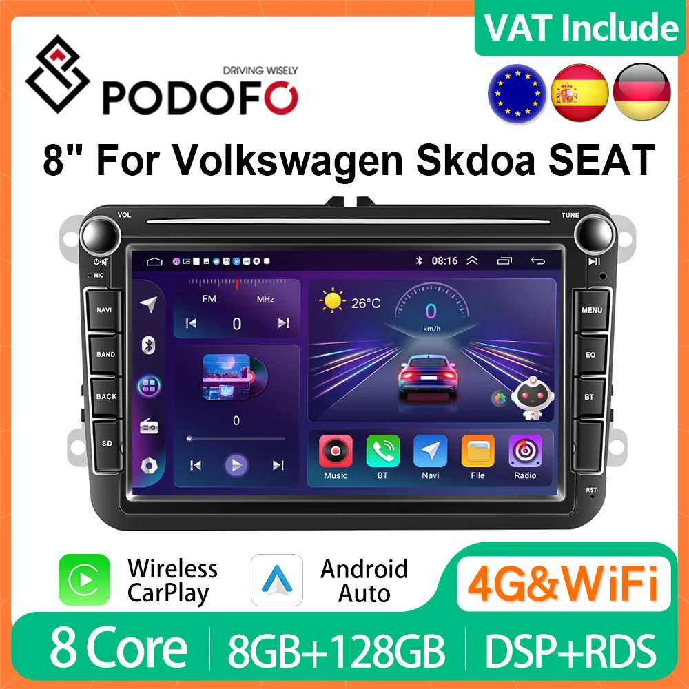 Podofo Carplay Android 8" Car Radio For Vw Volkswagen Passat B7 B6 Golf Polo Multimedia Player