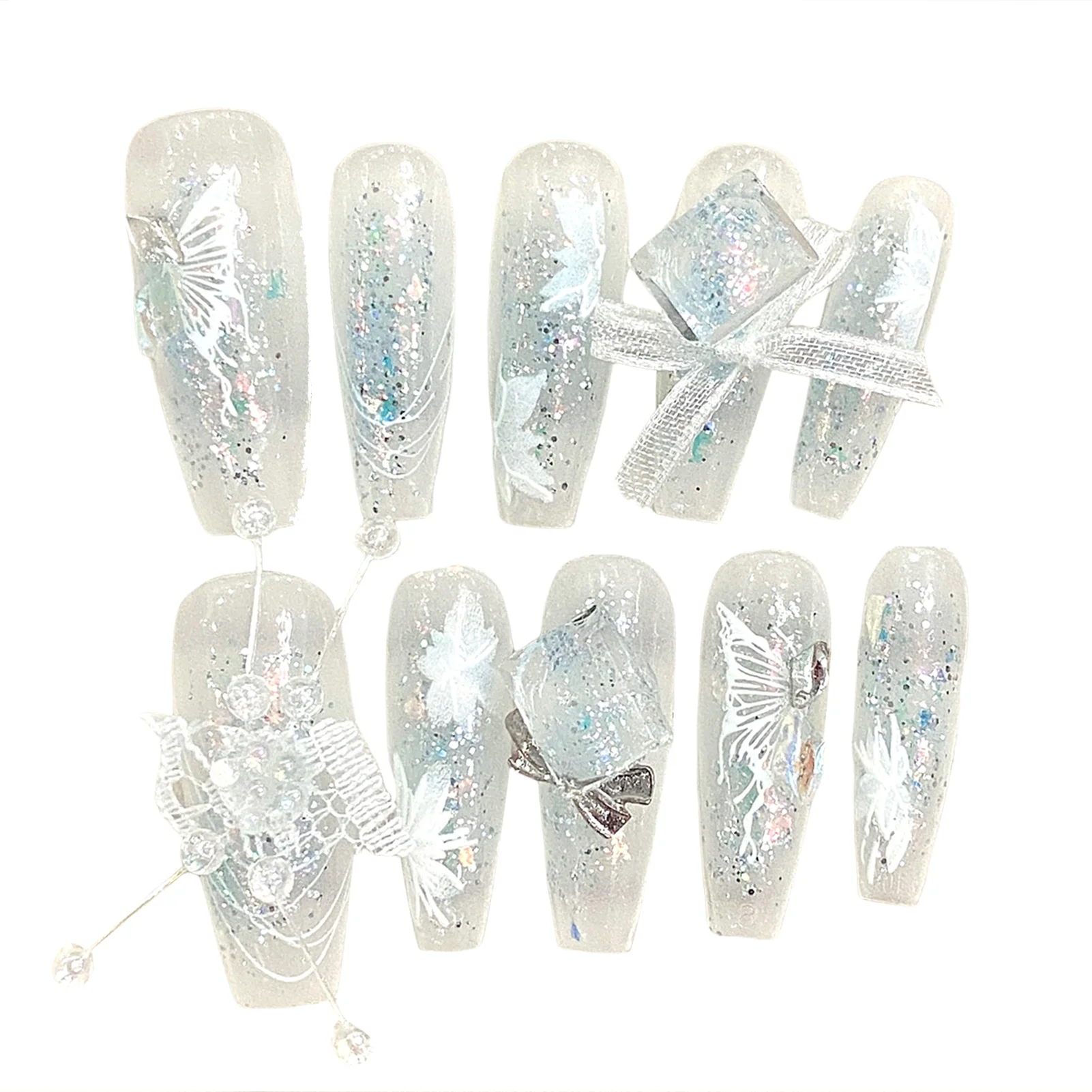 

Blue Glitter Fake Nails Extra Long Coffin Handmade Shiny False Nails for DIY At-Home Manicure