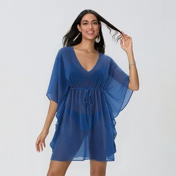 Women Bathing Suit Bikini Coverup Summer Sheer Swimsuit Cover Ups Loose Tie Waist Flowy Dress Bikini Dress Shirt Seaside 1