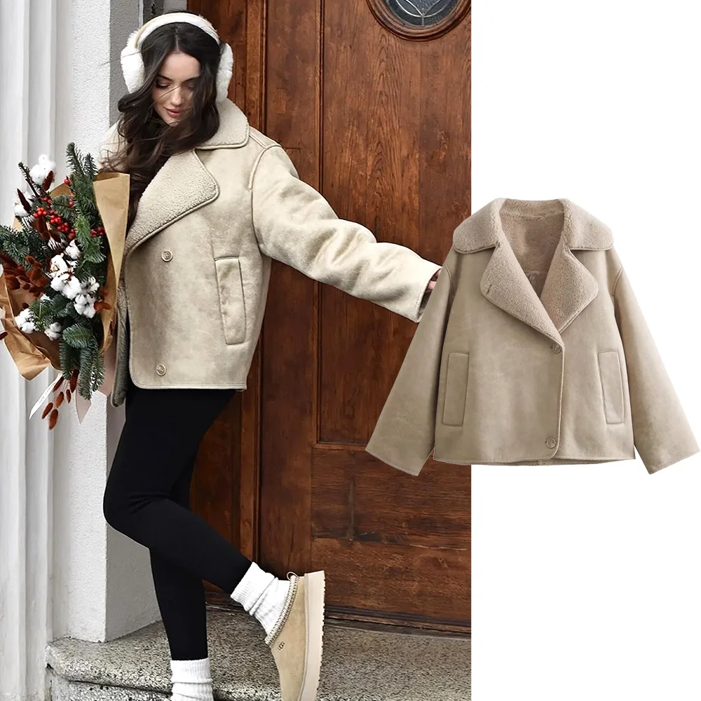 

TRAF Faux Deer Skin Inner Plush Khaqi Coat Woman's Suit Collar Long Sleeves Winter Jackets Chic Warm Single-Breasted Women Coats