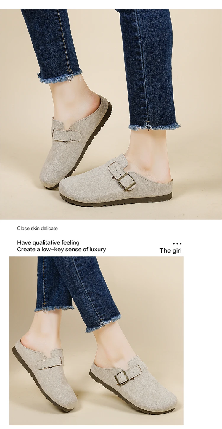 Women's Retro Suede Clogs With Buckle Slip-on Mules Flat Sandals_voghion.com