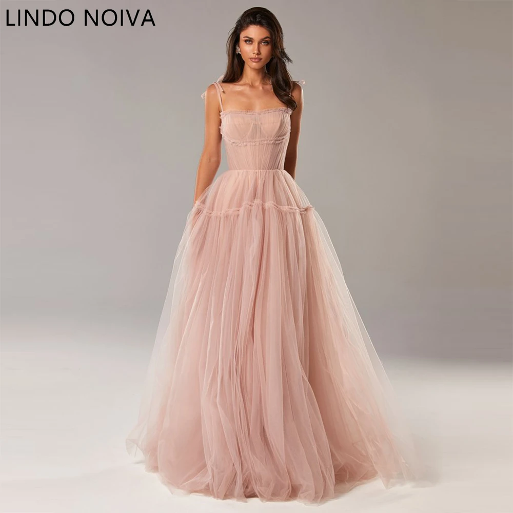 

LINDO NOIVA Blush Pink/Blue Long Prom Dresses 2023 Spaghetti Straps Tiered Skirt A-Line Party Dresses Pleated Tulle Formal Gowns