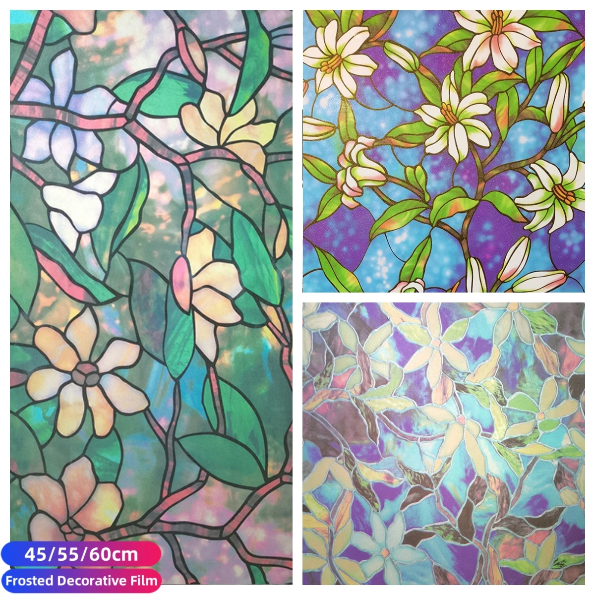 

Colorful Retro Flower Window Glass Electrostatic Stickers Removable Window Privacy Stained Decorative Film for Home Office Door