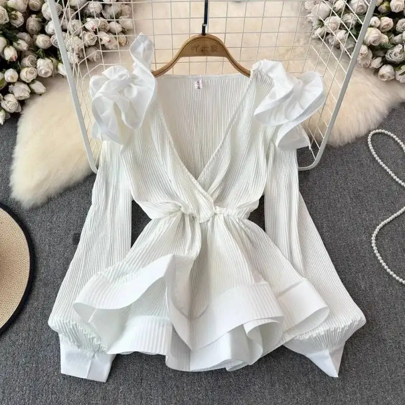 BabYoung 2025 ربيع جديد بلوزات مطوي على شكل حرف v...