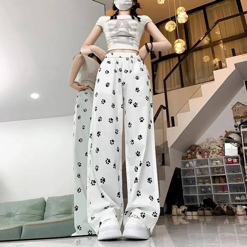 Lazy Spicy Girl Elastic High Waist Loose Casual Wide Leg Pants Women's Patchwork Pocket Dog Paw Cartoon Print Straight Trousers