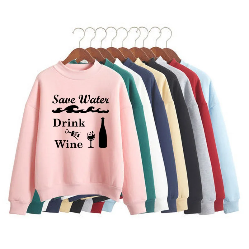 

Save water drink wine Print Women Sweatshirt Korean O-neck Knitted Pullover Thick Autumn Winter Candy Color women Clothes