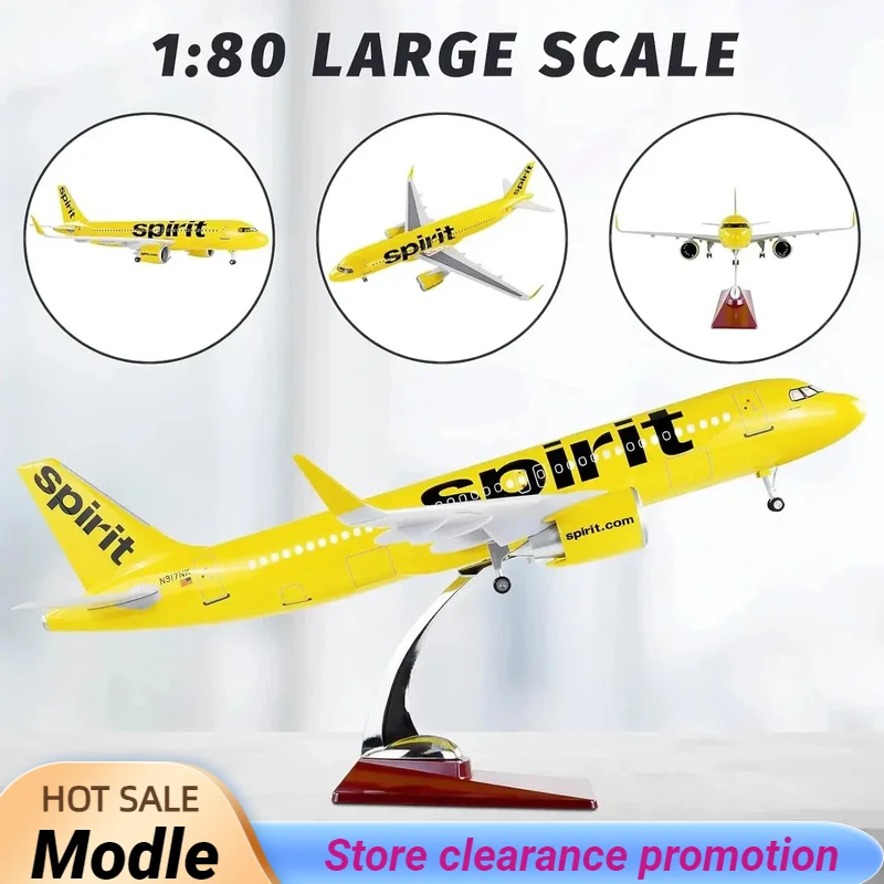 

1:80 Scale Large Airplane Model Spirit Airlines Airbus 320 Plane Model Diecast Airplanes with LED Light for Collection or Gift