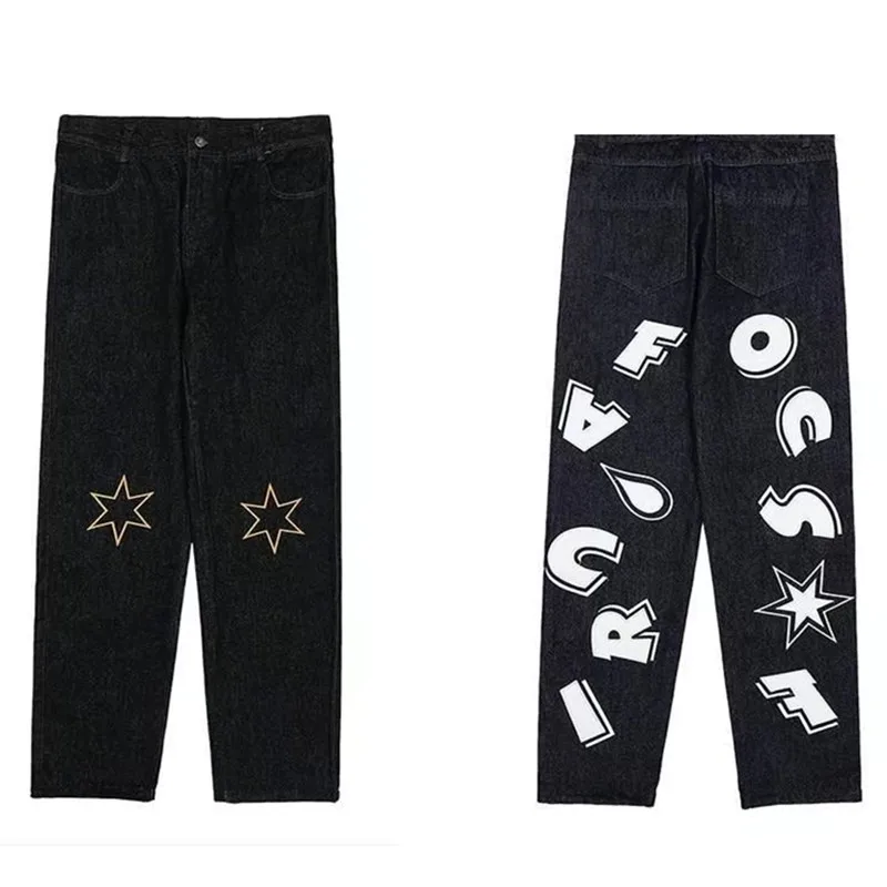 Y2k – Jean Streetwear Noir Pour Hommes, Pantalon Droit, Emo, Streetwear,  Hip Hop, Alphabet, Étoiles, Imprimé, Cyberample - Jeans - AliExpress
