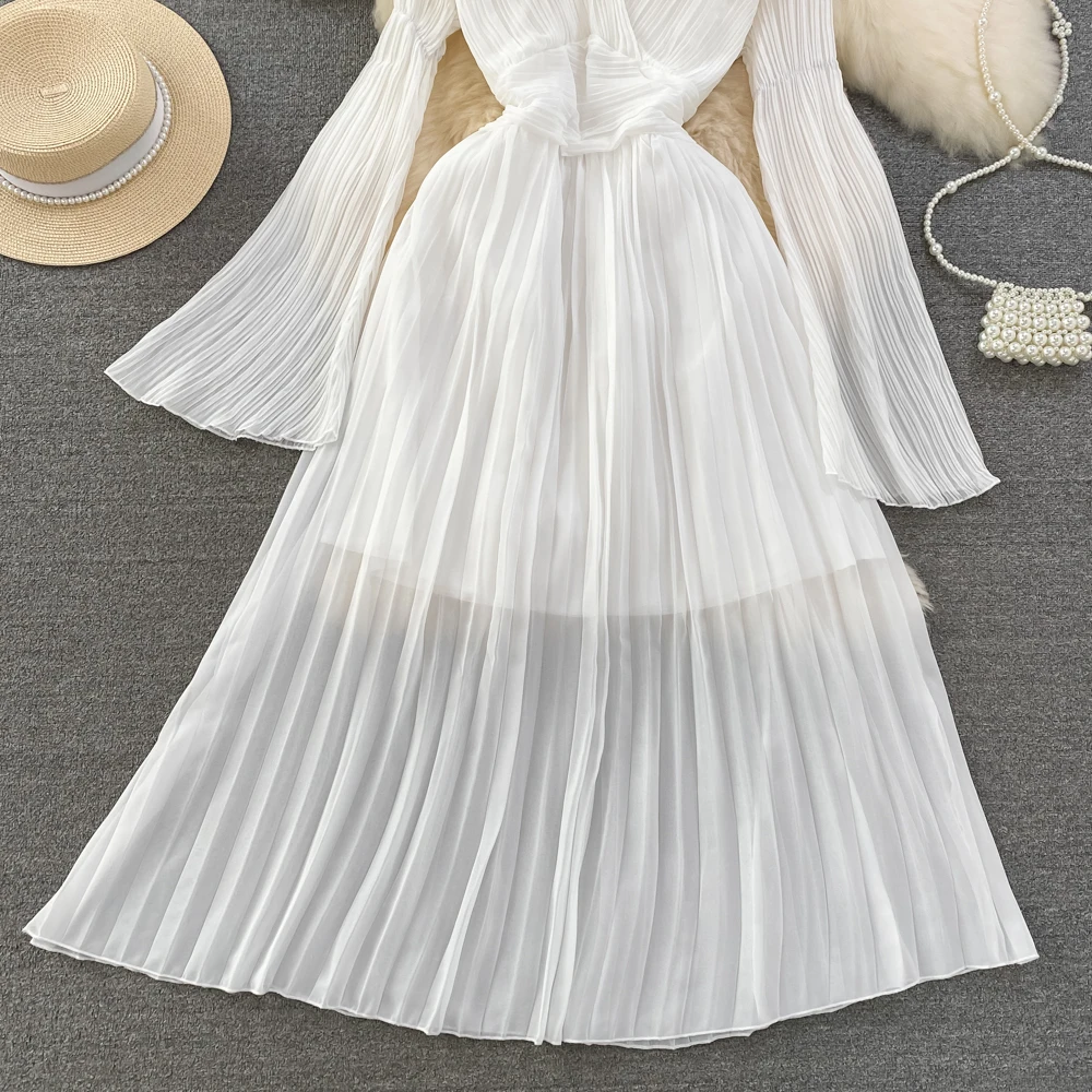 Autumn Flare Sleeve V-neck Midi Dresses for Women Solid Pleated A-line Elegant Party Dress Korean Fashion One Piece Vestidos New