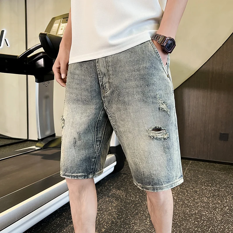 2023 Harlan denim shorts men's summer new slim-fit small straight pants American high street everything 28-34 five-point pants