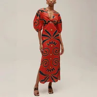 VEITCHE Summer Women Linen Material Long Dresses Fashion Chic Print Sexy V-neck Hollow Out High Waist Party Dress Lady robes - Image 2