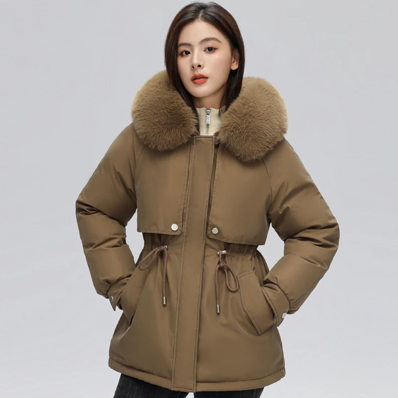 

Fashion Women's Winter Coats 2023 New Korean Style Imitation Wool Lining Parkas Hooded Fur Collar Thick Warm Winter Jackets