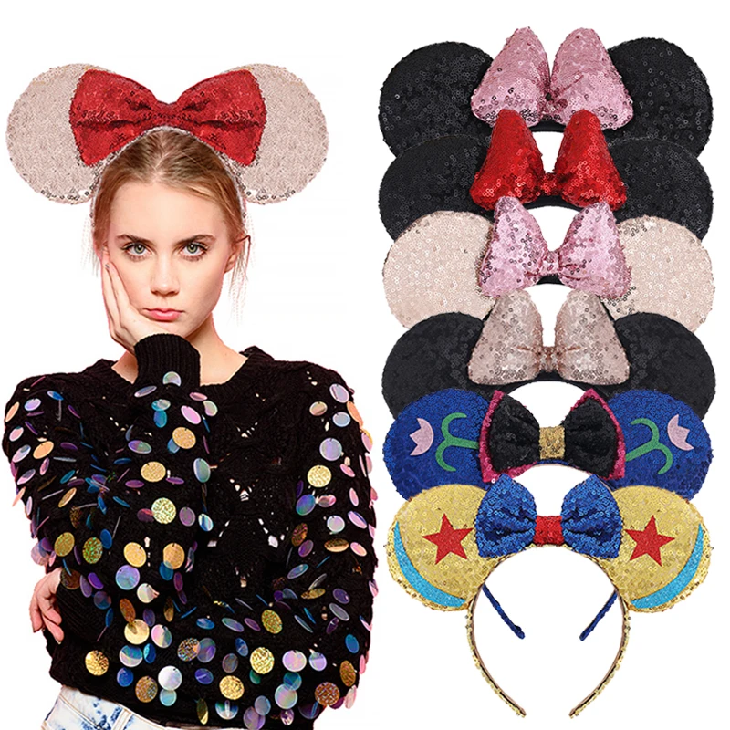 

2Pcs/Set New Mouse Ears Headband Sequin Ears Hallowmas Headband Dot Bow Girls Hairband Festival Travel DIY Hair Accessories