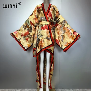 WINYI Summer Beach Wear Cover Up Lady Irregular cardigan printing elegant Silky and skin-friendly sexy Holiday Kimono maxi dress 1