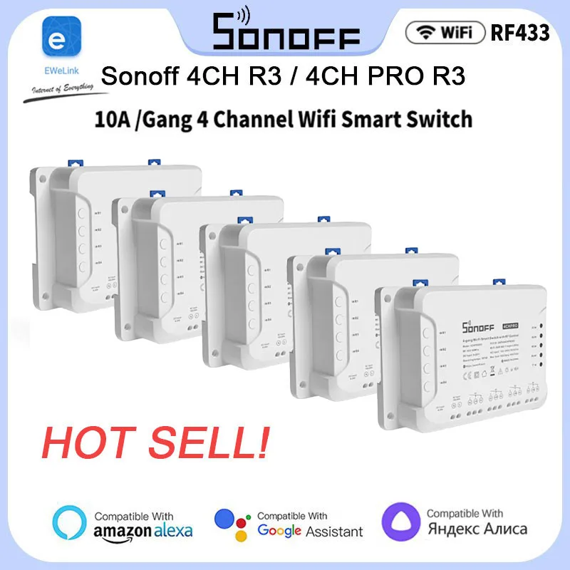 1-10Pcs Sonoff 4Ch R3/4Ch Pro R3 4 Gang Wifi Smart Switch Module Rf Remote Lights Switch Support 4 Dispositivi Funziona Con Alexa