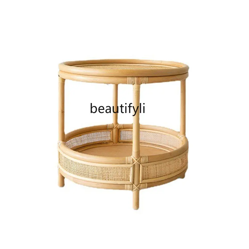 

zq Japanese-Style Rattan Small Table Creative Glass Glass Round Tea Table Small Apartment Living Room Double-Layer Storage