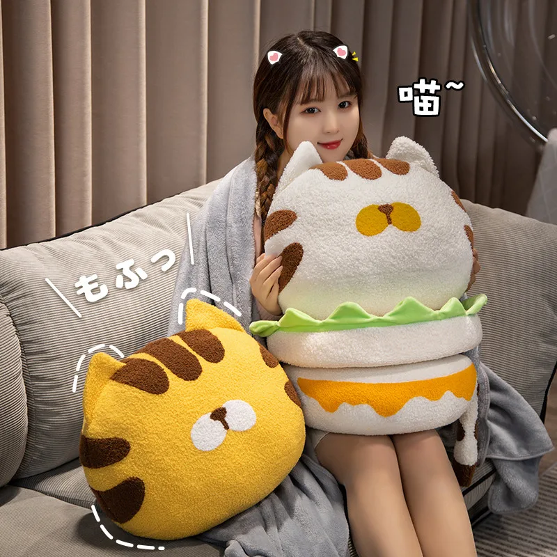 Creative Hamburg Cat Plush Throw Pillow Anime Stuffed Food Plushies Cushion Doll Cute Soft Kids Toys for Girls Kawaii Room Decor