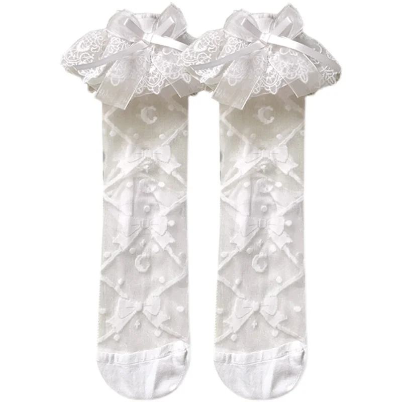 Rojita Lace Lolita Socks Women's Spring Autumn Spun Glass Thin Low Cut Socks Silk Lolita Sweet Mid-Calf Socks Stocking