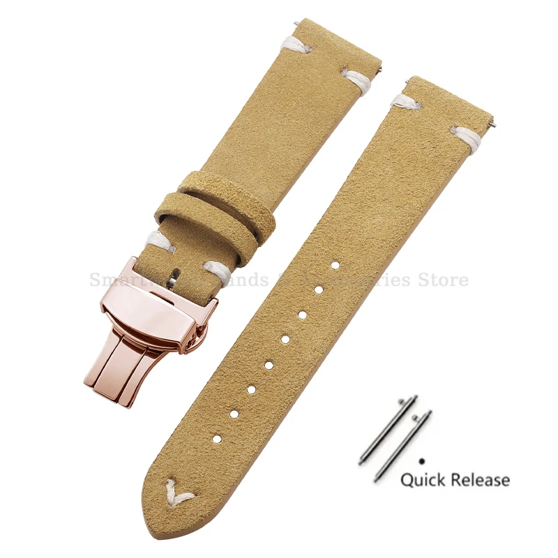 Vintage Handmade Suede Stitch Leather Watch Strap with Quick Release and Folding Clasp