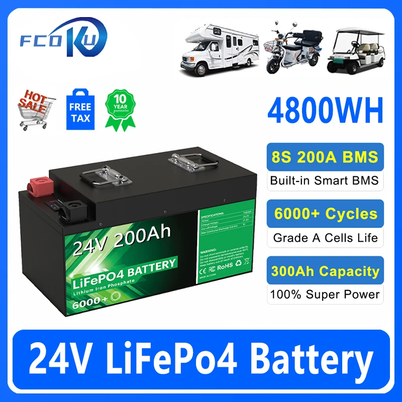 

New 12V 24V 100Ah 200Ah LiFePo4 Battery Pack with BMS,for RV Golf Cart Boat Solar Replacement Lithium Iron Phosphate Battery
