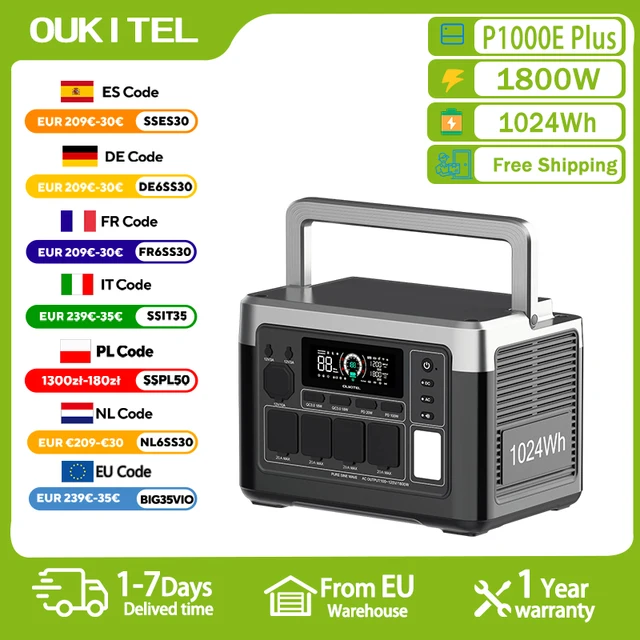 Station d'alimentation portable OUKITEL P1000 PLUS 1800W, générateur solaire 1024Wh, batterie Lifepo4, alimentation de secours à domicile, camping en plein air, alimentation mobile 1