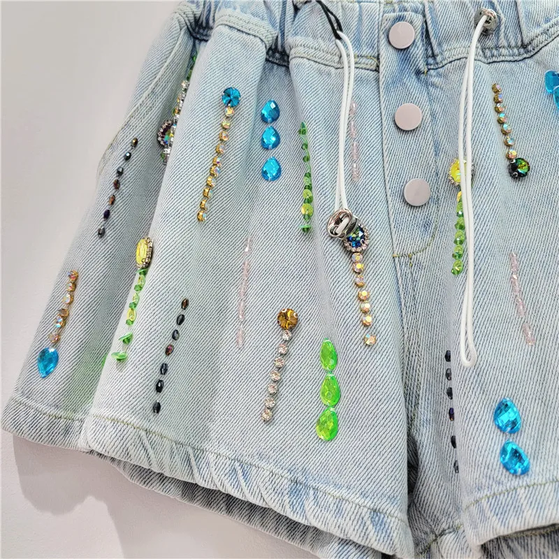 Heavy Industry Inlaid Color Diamond Beaded Denim Wide Leg Shorts Women 2024 Summer New High Waist Loose Shorts for Women