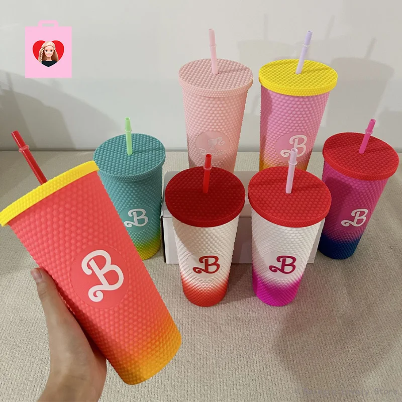 

Barbie Cup 2023 650Ml Y2K Kawaii Cartoon Fade Color Large Capacity Bottle Double Layer Water Cup Plastic Straw Party Girls Gifts